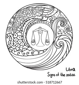 Black thin lines abstract. Signs of the zodiac. Horoscope hand drawing. Coloring page book for kids and adults. Libra symbol. Vector isolated template. Winter round frame. Astrology.
