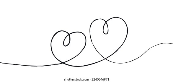 Black thin lines two love hearts on a white background - Vector illustration