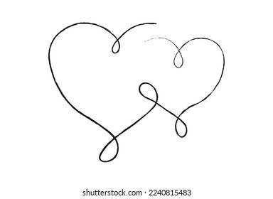 Black thin lines two love hearts on a white background - Vector illustration