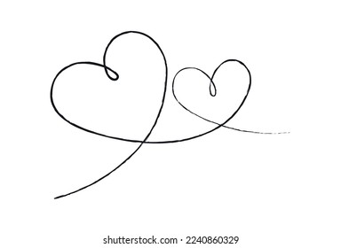 Black thin lines two love hearts on a white background - Vector illustration