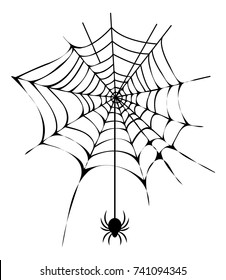 Black thin neat web with small spider isolated cartoon flat vector Illustration on white background. Traditional symbol of Halloween.