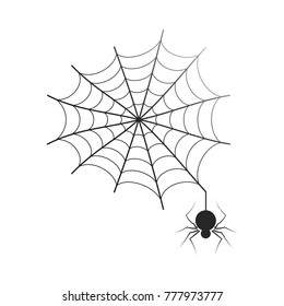 Black thin neat web with small spider isolated cartoon flat vector Illustration on white background. Traditional symbol of Halloween.