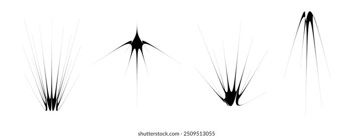 Conjunto de elementos pretos finos e pontiagudos. Formas de semicírculo de espinho abstrato e feixe de cintilações angulares. Objetos de raios futuristas para cartaz, colagem, faixa, logotipo, cartão, ícone, etiqueta, adesivo, crachá. Vetor