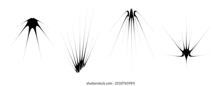 Conjunto de elementos pretos finos e pontiagudos. Abstrato formas espinhosas afiadas e feixes angulares. Objetos de raios futuristas para cartaz, colagem, faixa, logotipo, cartão, ícone, etiqueta, adesivo, crachá. Vetor