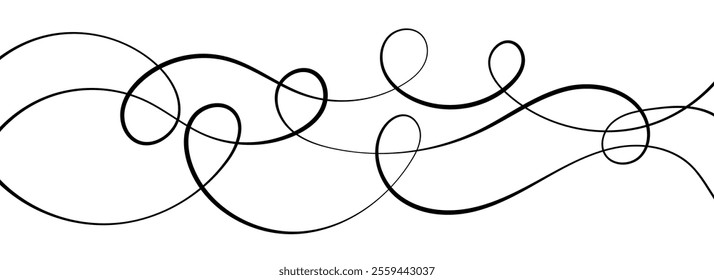 Black thin squiggle lines. Wavy wiggle stripes pattern decoration. Curvy thread, string or yarn strikes for ornament, decor, separate, divider. Tangled squiggly linear doodle wave shapes. Vector