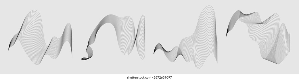 Black thin wavy line templates. Set of dynamic liquid elements