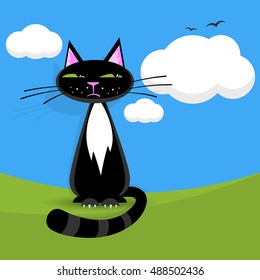 Black thinking cat on grass, vector cartoon illustration for your design, eps10