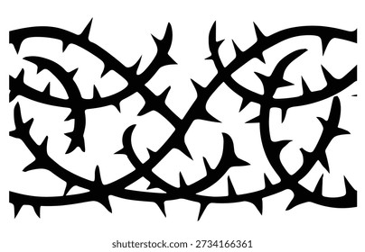 Black thorny branch silhouette pattern on white background, vector bramble illustration