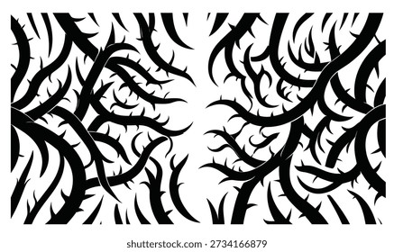 Black thorny branch silhouette pattern on white background, vector bramble illustration