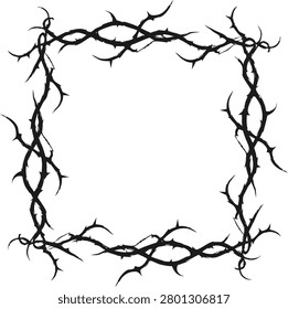 Black Thorny Vine Square Frame Isolated on White Background