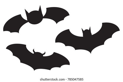 Black three bats on white isolated background. Bats silhouettes. Halloween concept.