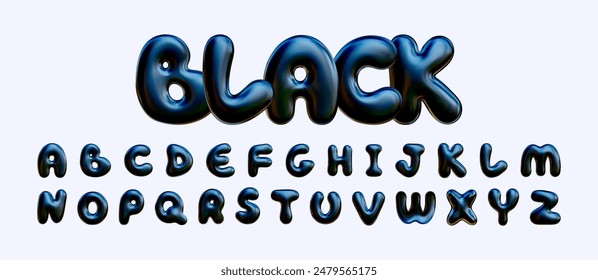 Black three dimensional alphabet. 3D rendering of plump letters, plastic glossy reflective texture. Vector illustration on white isolated background.