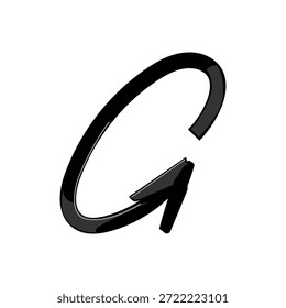 Icono de flecha tridimensional negro que forma un bucle circular, que representa los conceptos de ciclo, actualización, repetición, continuidad y flujo sobre un fondo blanco limpio