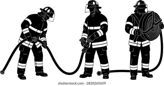 Black of three firefighters operating a hose during an emergency rescue operation firefighting emergency response