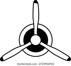 Ilustração de vetor de silhueta de hélice preta de três pás. Ícone de aviação minimalista com lâminas aerodinâmicas simétricas isoladas sobre fundo branco. Gráfico técnico para logotipos de empresas de engenharia, marcas aeroespaciais e corte de vinil.