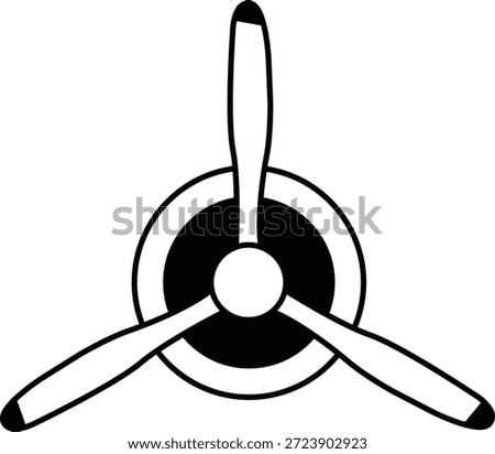 Black three-blade propeller silhouette vector illustration. Minimalist aviation icon with symmetrical aerodynamic blades isolated on white background. Technical graphic for engineering firm logos, aerospace branding, and vinyl cutting.