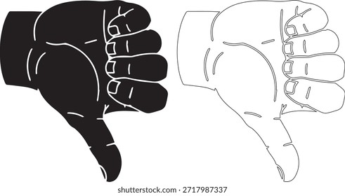 A black thumbs down hand sign in both solid and outline styles, presented side by side on a clean white background, ideal for various design applications.