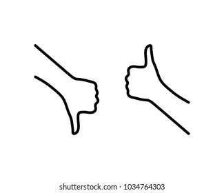 black thumbs up and thumbs down icon. concept of super or sure client recall and learning mistake. contour flat style trend modern outline simple logotype graphic thin line design isolated on white
