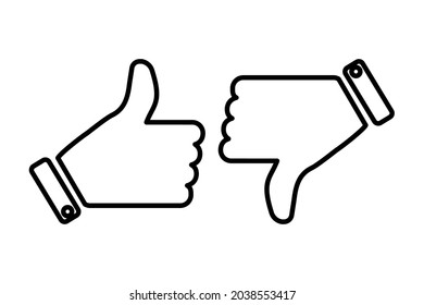 Black thumbs up and thumbs down silhouette icon set. Media communication emblem. Vector illustration. Stock image.
