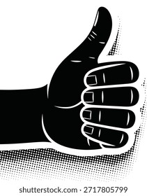 Gesto negro de los pulgares hacia arriba de la mano con un contorno blanco y un patrón de punto medio tono.
