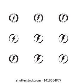Black Thunder and Bolt Lighting Flash Icons Set. Flat Style