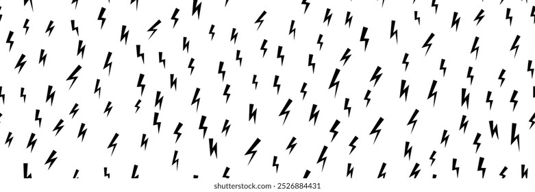 Black  thunder bolts on white bg as a seamless pattern. Zig zag of lightning abstract simple irregular background. Vector hipster illustration