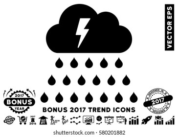 Black Thunderstorm Rain Cloud icon with bonus 2017 year trend pictograph collection. Vector illustration style is flat iconic symbols, white background.