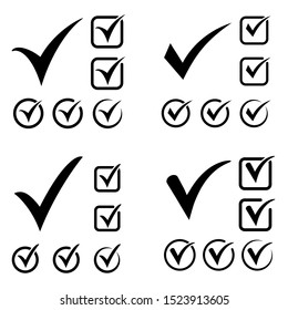 Black tick icon vector symbol, checkmark isolated on white background, checked icon or correct choice sign, check mark or checkbox pictogram