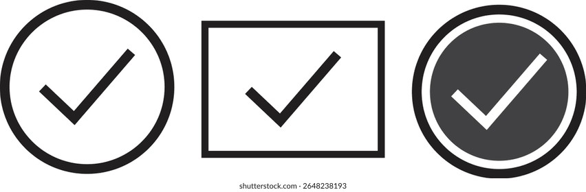 Black tick mark icon set vector file type on transparent background for apps, websites, UI, checklist designs, apps, checklist UI, websites, approval graphics, and task completion indicators.