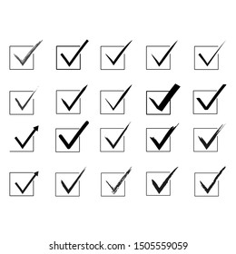 Black tick sings in square. Isolated on white background. Monochrome symbol correct in black square. Positive marks. Agree choice sticker. Flat vector image. Vector illustration.