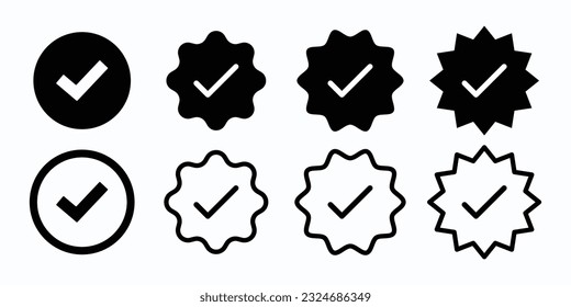 marca negra, sí, símbolo de confirmación en diferentes formas. botón de marca de verificación negra para conjunto de iconos de verificación o confirmación