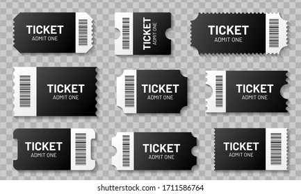 Black ticket with barcode set. Template for concert, movie, theater and boarding tickets, lottery and discount coupons with ruffled edges