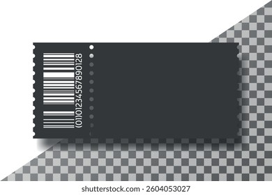 Black ticket coupon with barcode, perforated edges, isolated on transparent background, vector illustration.