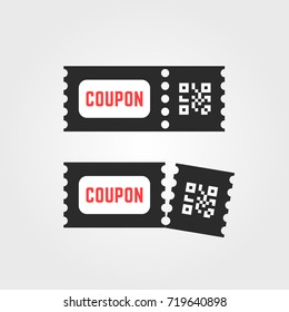 Black Ticket Coupon Icon With Qr Code. Simple Flat Style Trend Modern Web Logotype Set Graphic Art Design Isolated On White. Concept Of Cost Off For Purchase Or Gift Card For Supermarket Customer