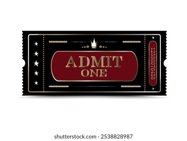 Black ticket with gilding and a golden crown. Premium class. Vector illustration for websites, apps, cinemas, clubs, social events and creative design.