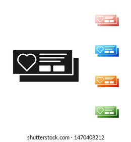 Black Ticket with heart icon isolated on white background. Boarding pass with heart. Set icons colorful. Vector Illustration