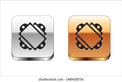 Black Ticket icon isolated on white background. Amusement park. Silver-gold square button. Vector Illustration
