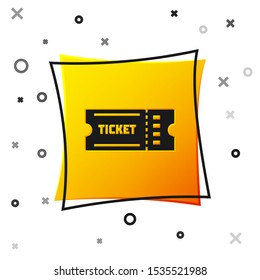 Black Ticket icon isolated on white background. Yellow square button. Vector Illustration