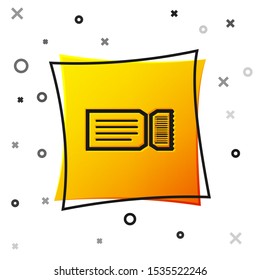 Black Ticket icon isolated on white background. Yellow square button. Vector Illustration