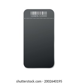 Black ticket mockup isolated on white background - realistic blank mockup of coupon label with barcode and dotted tear line, vector illustration.