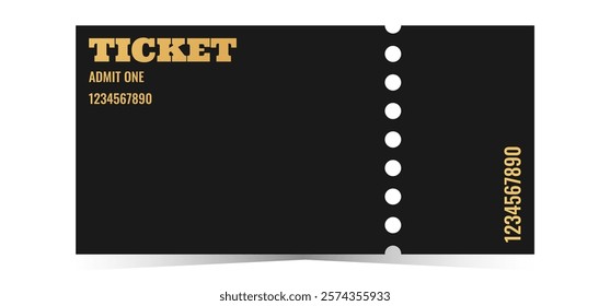 Black ticket template design with golden letters. Cinema, casino, concert, film, party, vip festival design. Metal gradient text. Vector illustration on white background