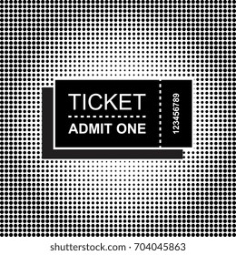 Black Ticket Vector Icon. Coupon Symbol on Dotted Halftone Background. Movie Pass Sign Vector Illustration