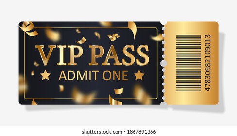 Black ticket VIP pass, admit one with gold confetti for concert, party, cinema, theatre with golden text, letters and barcode. Vector illustration for advertising, promotion, banner, poster.