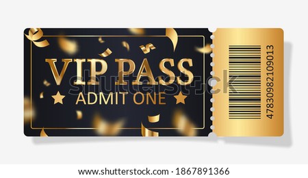 Black ticket VIP pass, admit one with gold confetti for concert, party, cinema, theatre with golden text, letters and barcode. Vector illustration for advertising, promotion, banner, poster.