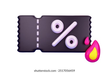 Black ticket voucher with percent sign and fire icon in the corner, 3d vector illustration.