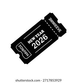 Black ticket with white text announcing New Year 2026 and H A V R O2 vector