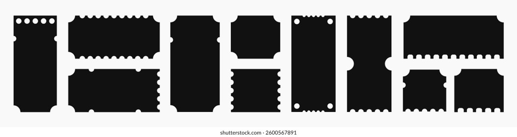 Black tickets and coupons shapes, colorful text and message paper boxes. Vector illustration