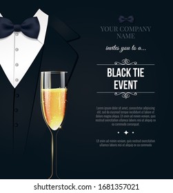 Black Tie Event Invitation. Elegant Black And White Card With Businessman Suit, Tie And Champagne Glass. Vector Illustration