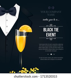 Black Tie Event Invitation. Elegant black poster with businessman suit, tie and mimosa cocktail glass. Vector illustration