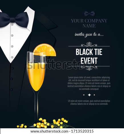 Black Tie Event Invitation. Elegant black poster with businessman suit, tie and mimosa cocktail glass. Vector illustration